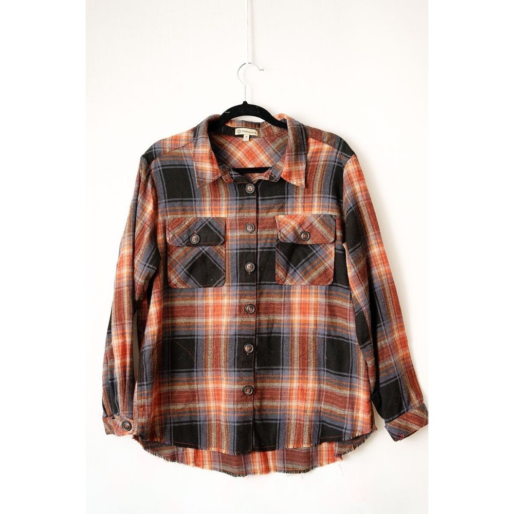 Democracy flannel shirt womens raw hem M plaid Brown button up western